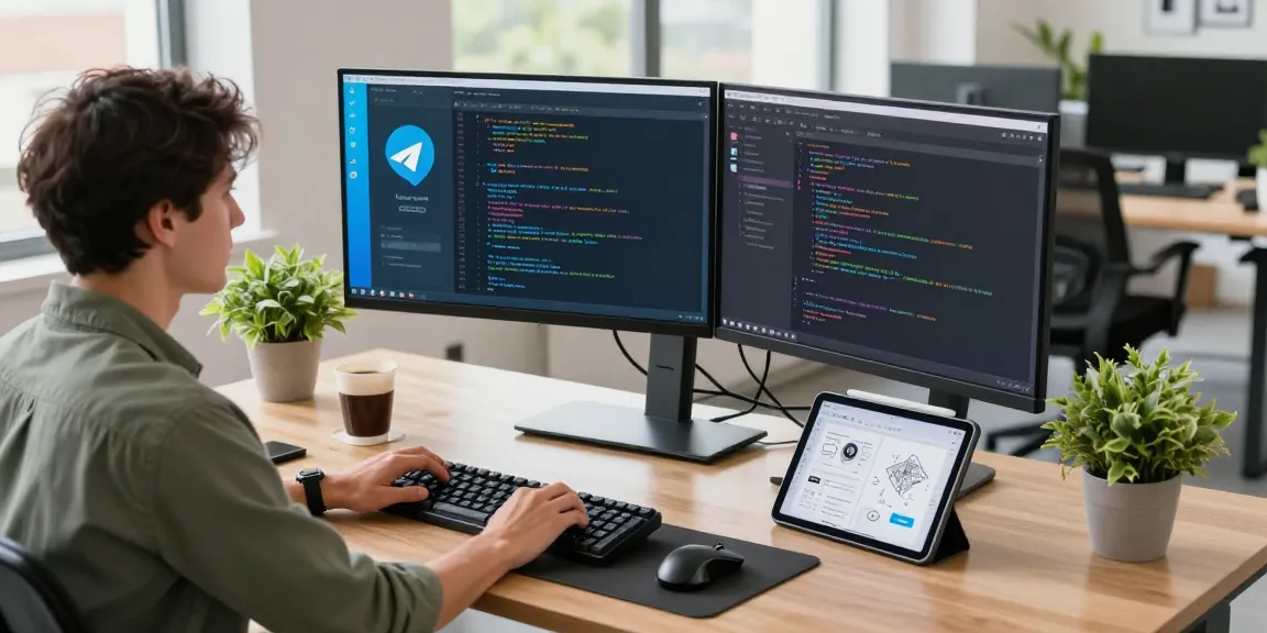 Engaging workspace for Telegram Download with a developer using multiple screens and showcasing a modern tech environment.