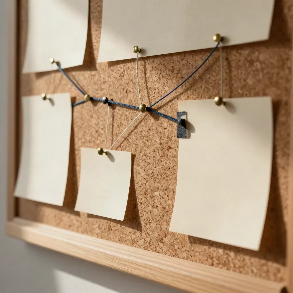 Extreme macro of a cork-board strategy map with cards, thread and swatches.