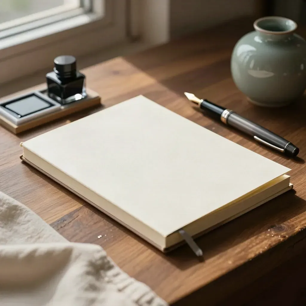Sage tone-of-voice toolkit with notebooks, pen, stamp pad and ceramic vessel on walnut.
