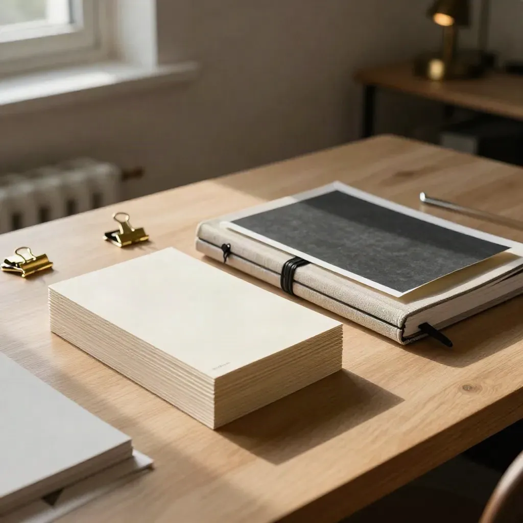 Message cards, notebook, brass clips, and proof folio on pale wood in warm studio light