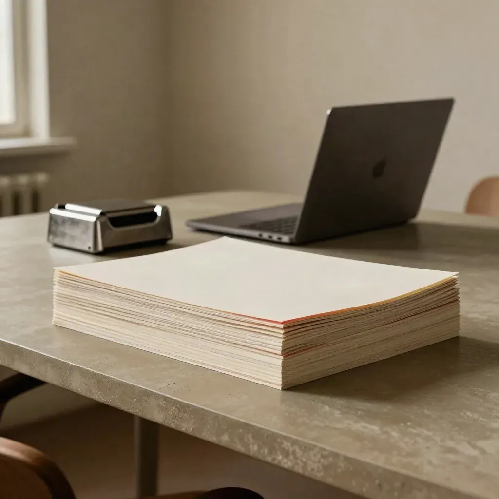 Blank page cards, turned-away laptop, and paperweight on a moody table with raking light.