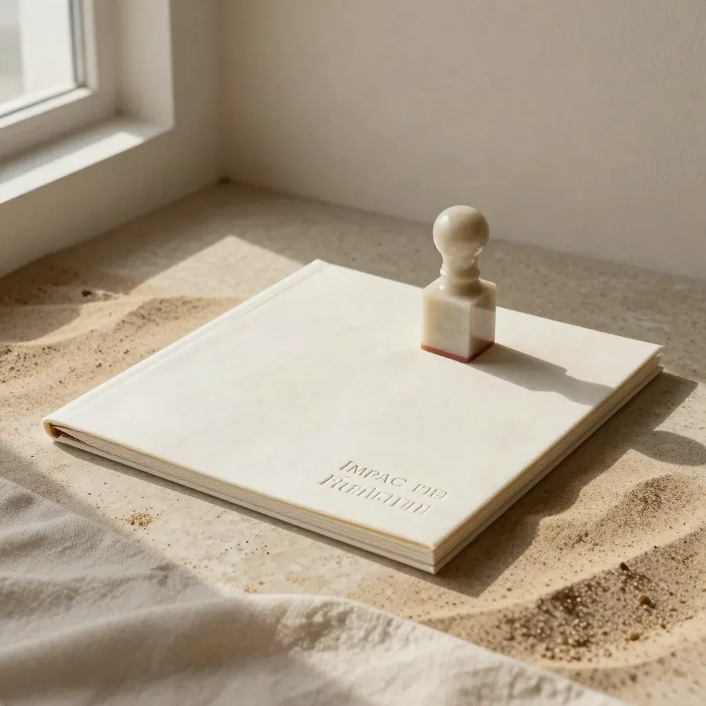 Cotton folio, blank identity boards, and stone seal on travertine in soft editorial light.