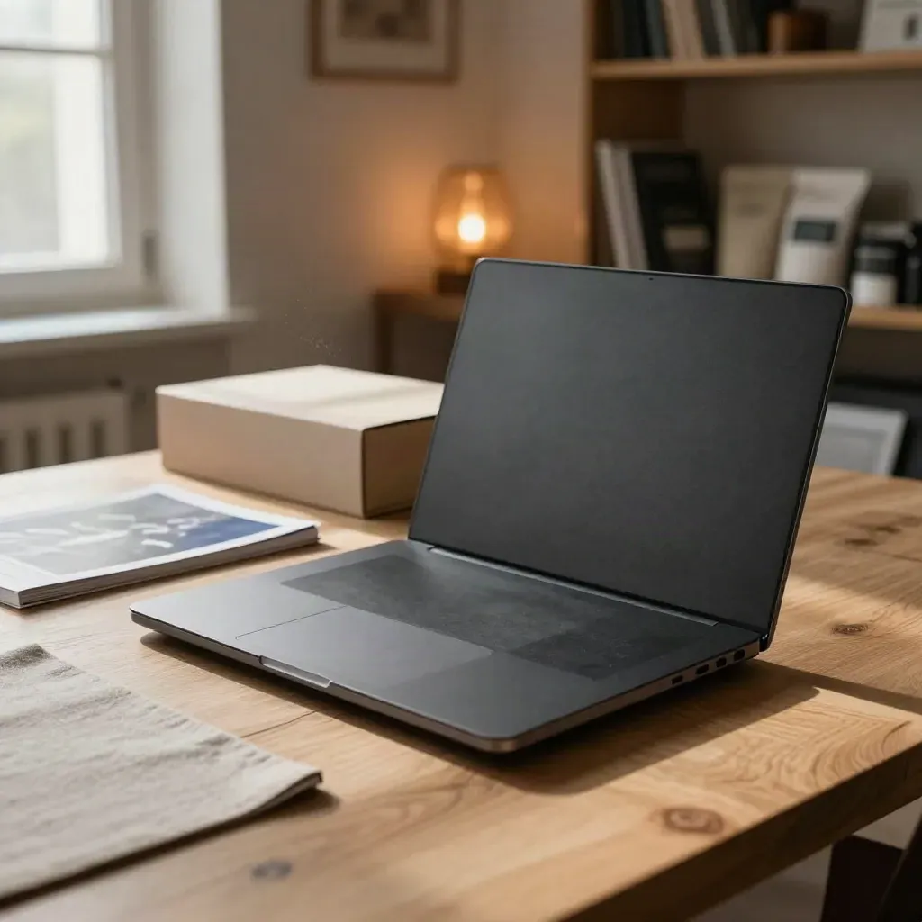 Closed laptop, booklet and presentation box in a sunlit creative studio corner.
