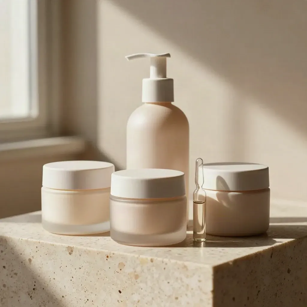 Launch-ready skincare jars, pump bottle, and vial on pale stone in warm window light.