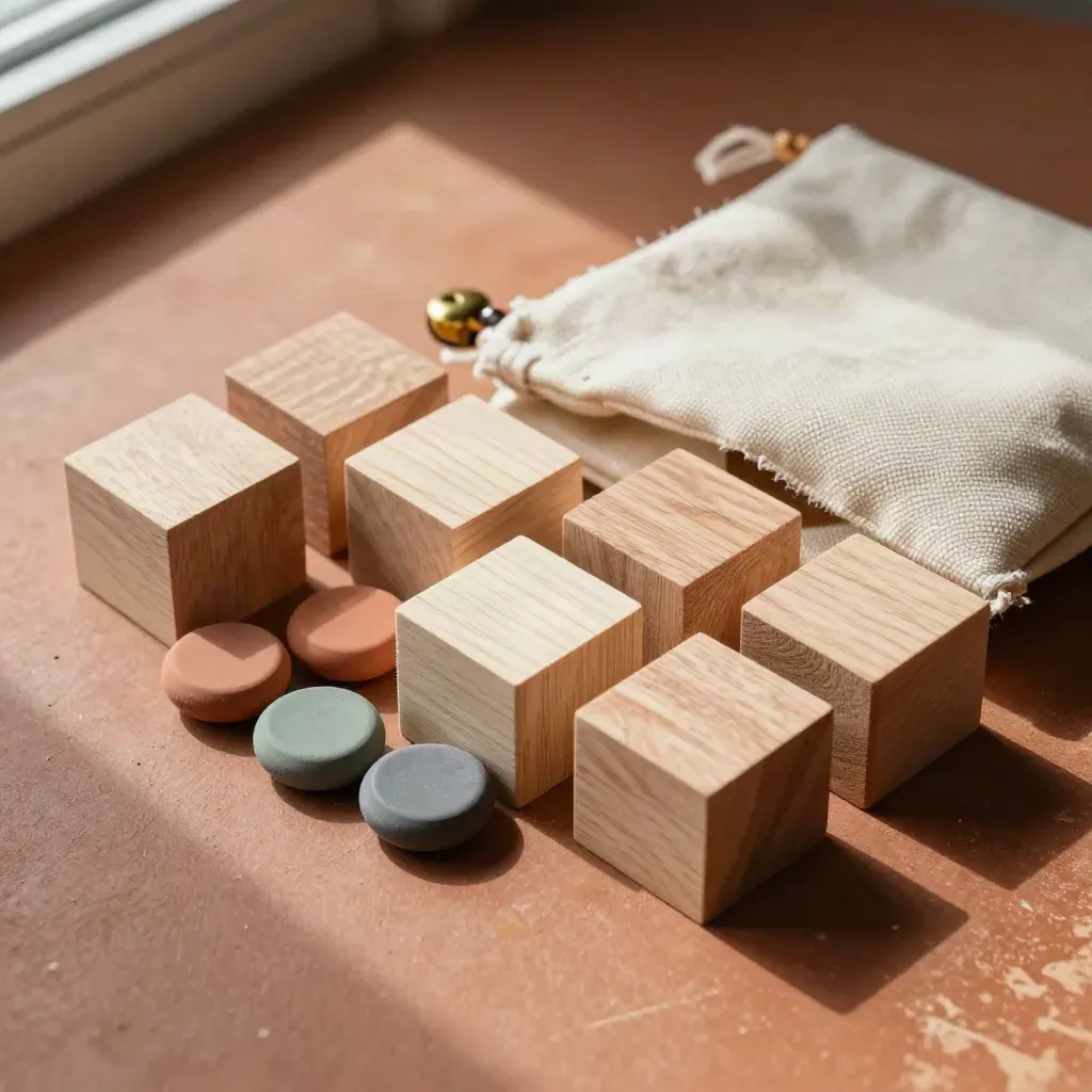 Overhead workshop kit with wooden blocks, ceramic tokens and a canvas pouch on terracotta plaster.