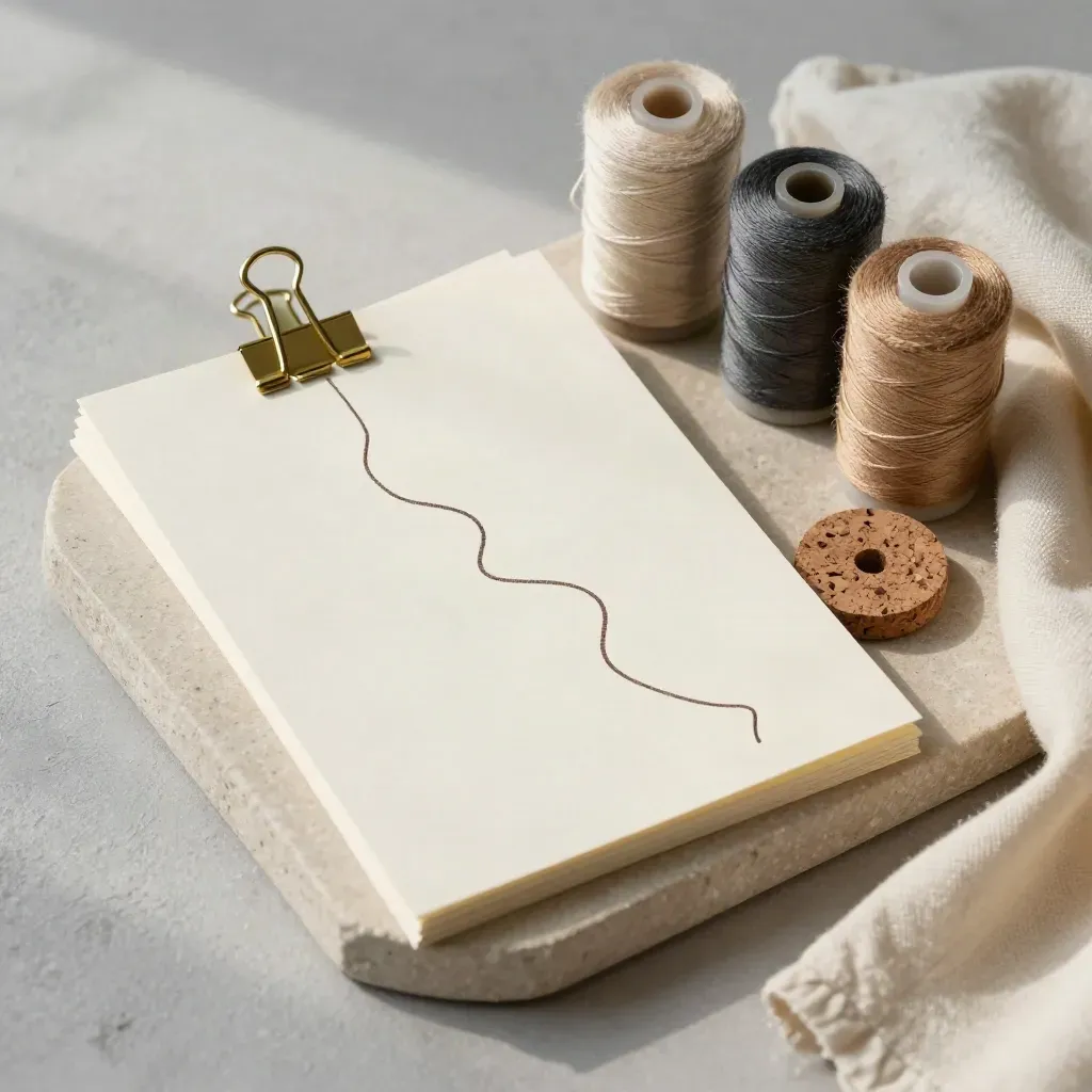 Story map still life with cards, brass clips, thread spools, cork tile, and folded cloth