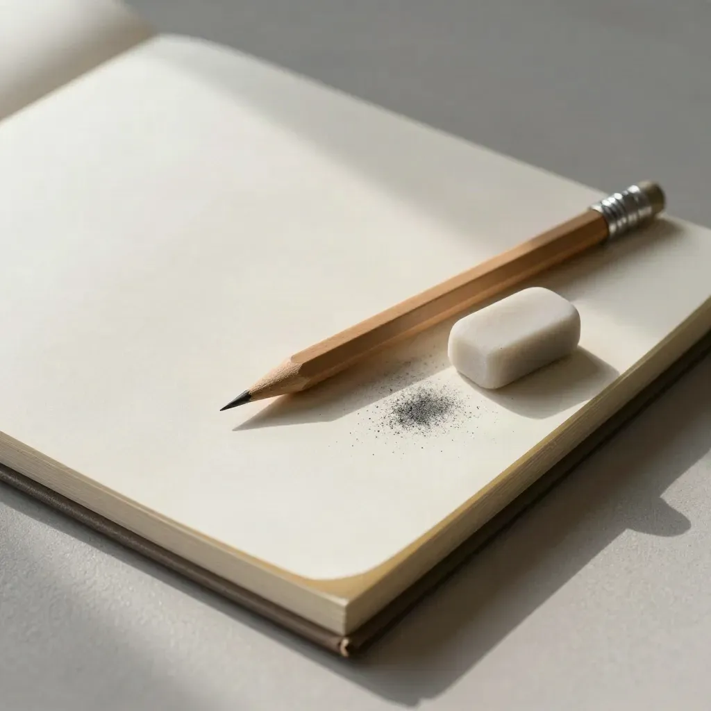 Pencil, eraser, nib, and manuscript pad on plaster with soft sage accent