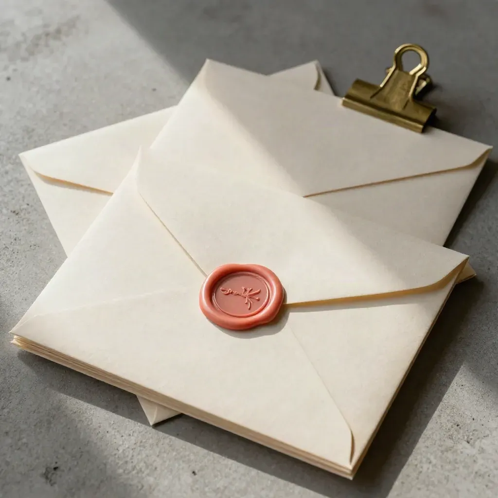 Wax-sealed folio, archival envelopes, and brass clip on concrete, overhead still life