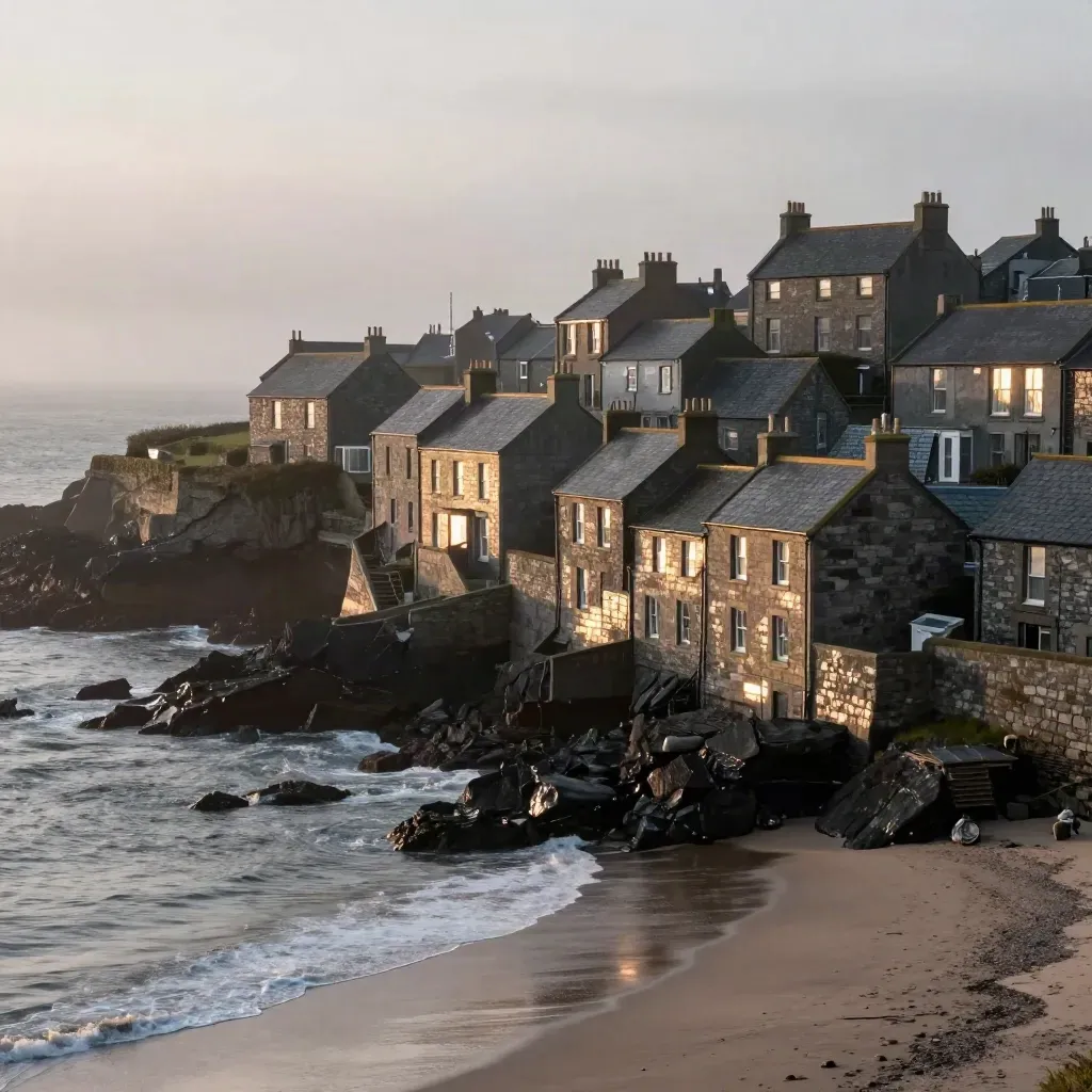 Fog rolling off a cliffside town and rugged shoreline at dawn, with calm sea haze for headline copy